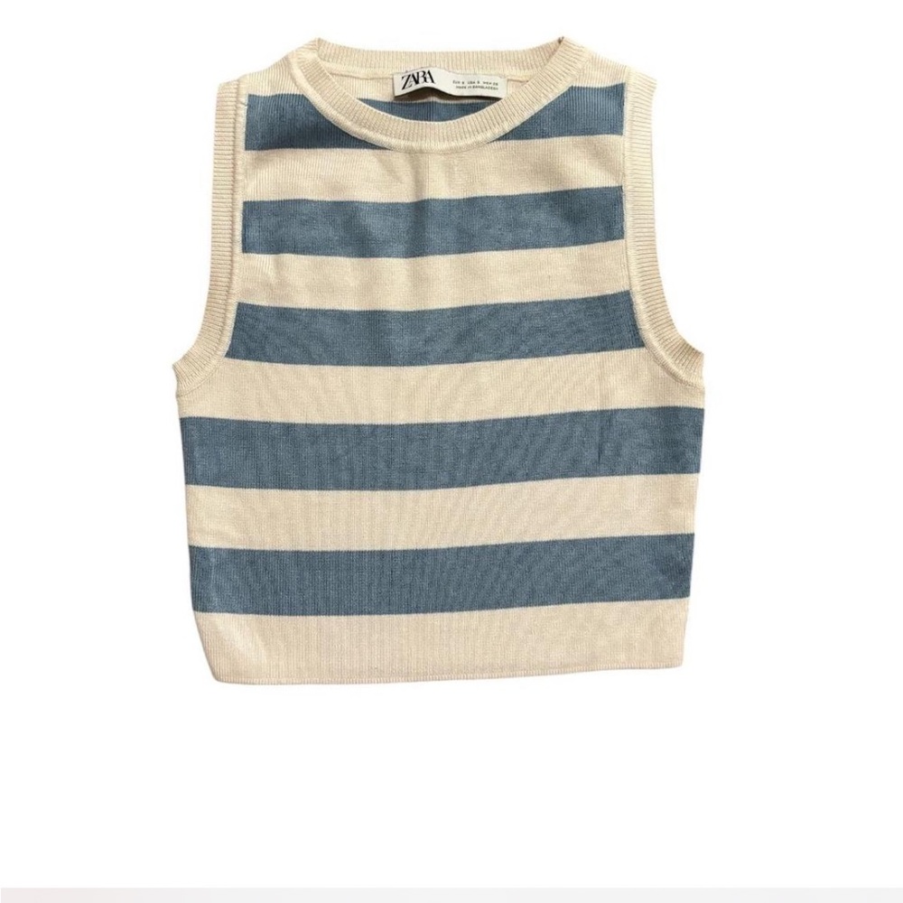 Zara Women's Blue and Cream Striped Knit Vest